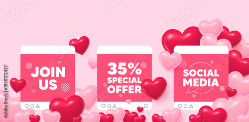 Discount social media post. Join us love template. 35 percent discount offer tag. Sale price promo sign. Special offer symbol. Like, comment and share icons. Vector