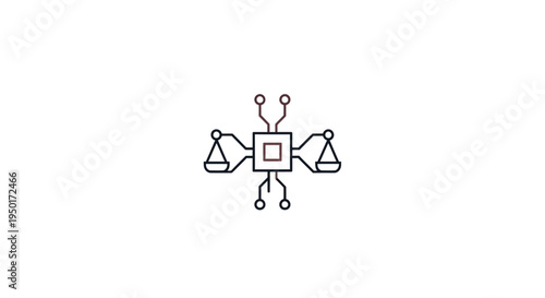 A stylized line art illustration of balanced scales with multiple arms and symbols.