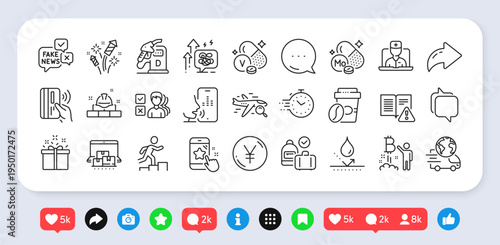 Diesel station, Online storage and Search flight line icons pack. Social media: share, comment, like icons. Delivery service, Construction bricks, Voicemail web icon. Vector