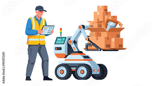 Automated Warehouse: A worker supervises a modern robotic arm efficiently loading packages into a transport vehicle, highlighting innovation and progress in distribution and logistics