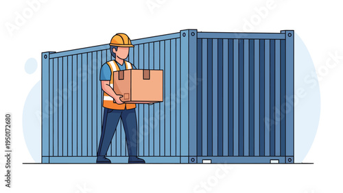 Logistics Operator: A determined logistician diligently transports a cardboard box near a sturdy cargo container, demonstrating dedication to efficient operations.