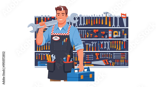 Smiling Technician with Toolbox: A skilled technician stands ready, toolbox in hand, embodying professionalism and reliability within a well-organized workshop.