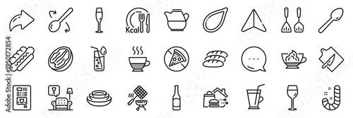 Lounge, Calories and Prohibit food line icons pack. Share, Message, Paper plane icons. Candy, Pumpkin seed, Wine glass web icon. Food delivery, Dishes, Pecan nut pictogram. Vector