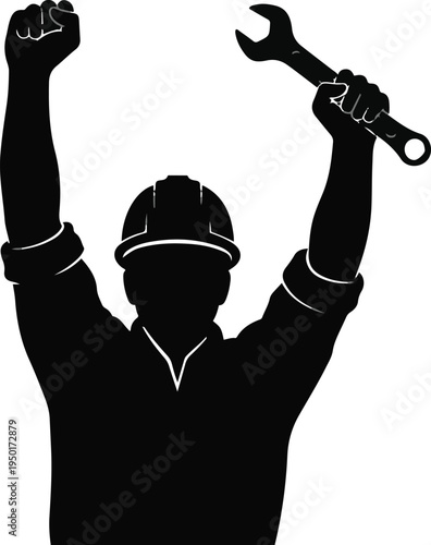 Black silhouette worker raising fist and holding wrench laborer construction