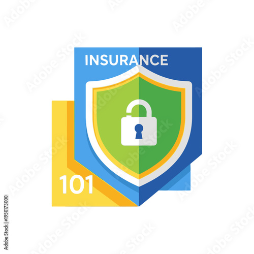 Dynamic vector graphic of an insurance shield icon with an unlocked padlock, symbolizing transparent and robust protection, security, and essential financial business knowledge