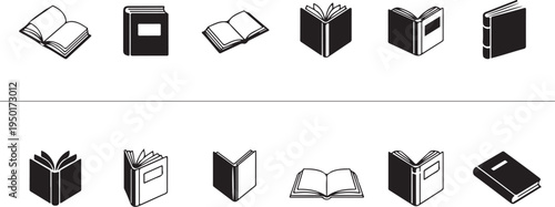 Collection of various book icons in different orientations and styles for educational or literary use