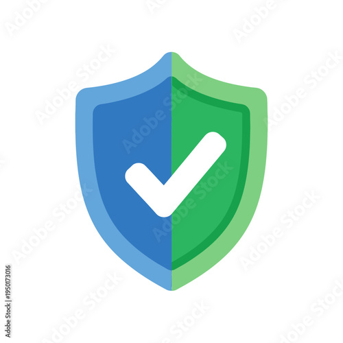 A vector graphic of a security shield icon, split blue and green, with a white checkmark, symbolizing verified protection, digital safety and trust