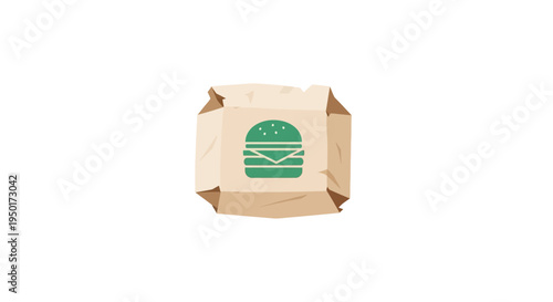 A brown paper bag with a green burger.