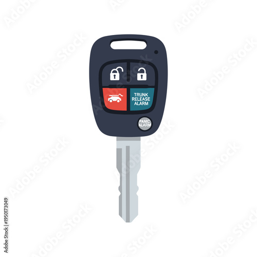 Sleek automotive remote key fob vector illustration, a modern digital car accessory depicting secure locking, unlocking, trunk release, and alarm features