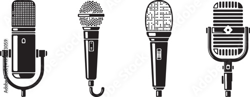 Four different types of microphones for recording and performance  studio and dynamic mics for music and speech