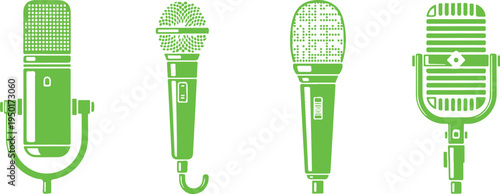 Four green microphone illustrations in different styles and designs for audio equipment and music concept  various microphones for recording and performance