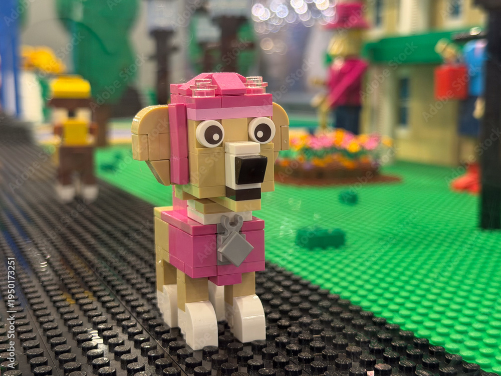 Fototapeta premium Pink lego dog figurine on baseplate