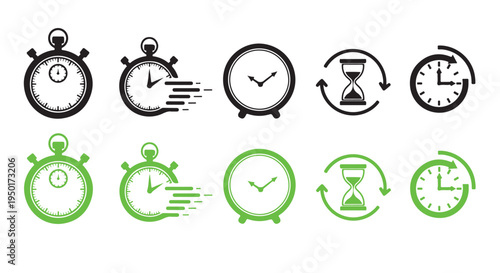 Collection of green and black clock icons with hourglasses and arrows on white background for time management and scheduling concepts