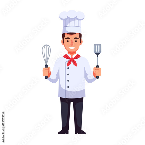 Vector illustration of a smiling male chef, holding a whisk and spatula. He wears a classic chef's uniform, representing culinary skills and kitchen work