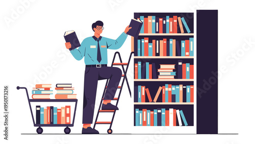 Bookstore Clerk's Literary Quest: A dedicated bookstore clerk ascends a ladder, arranging a selection of books in the bookcase. With a rolling cart filled with books.