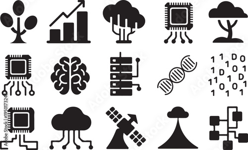 Ecology themed vector icon set with tree sun hand and eco symbols in simple silhouette design