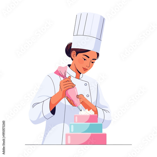 A professional female baker carefully applies frosting to a colorful tiered cake using a piping bag, a delightful vector illustration of culinary skill