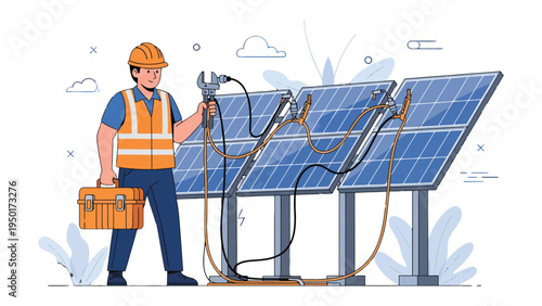 Solar Panel Technician: A skilled technician, equipped with tools, diligently maintains the efficiency of a solar panel installation, ensuring sustainable energy production for a brighter future.