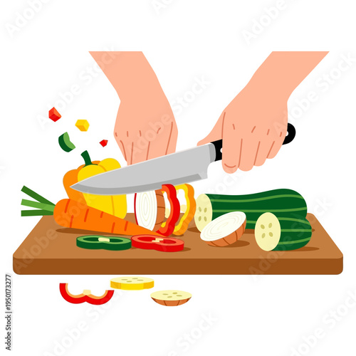Vibrant vector illustration showcasing hands meticulously chopping fresh, healthy vegetables on a cutting board, emphasizing food preparation and kitchen cooking activities