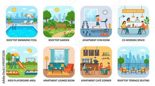 Vector graphic showcasing modern urban apartment amenities for community life. Features rooftop pool, garden, gym, co-working, kids area, lounge, cafe, and terrace