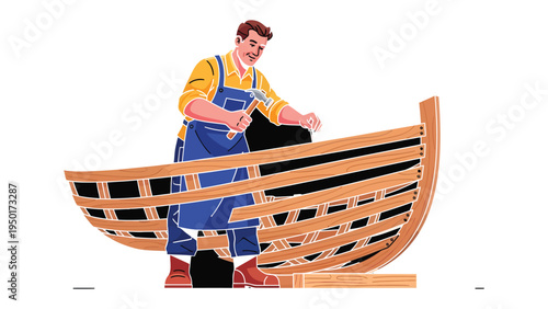 Craftsman and his handiwork: A skilled craftsman meticulously builds a boat, his focus and dedication evident as he works. Capturing the skill, and the process of construction.