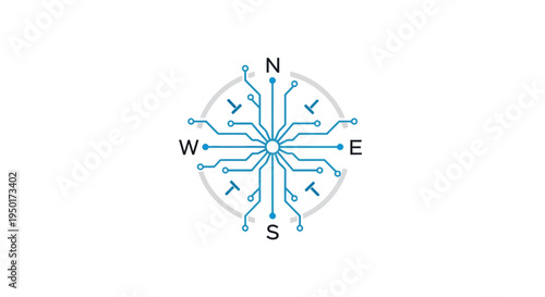 A blue directional compass with cardinal directions.
