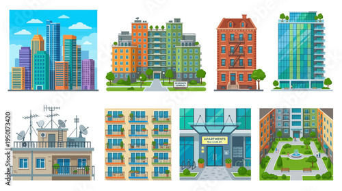 Vector illustration compilation featuring diverse urban architecture, modern residential buildings, city apartment blocks, and detailed cityscape designs for projects
