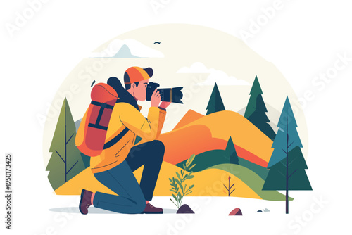 Camping Adventure in Mountains and Desert with Fun Cartoon People