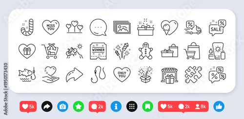 Fireworks rocket, Sunscreen and Gift shop line icons pack. Social media: share, comment, like icons. Only you, Ice cream, Sale bags web icon. Hook, Delivery discount, Present box pictogram. Vector