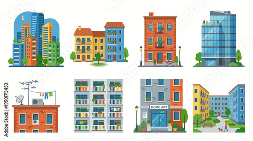 Vector art illustrates diverse urban buildings modern high-rises, residential complexes, classic brick architecture, city elements, ideal for city designs