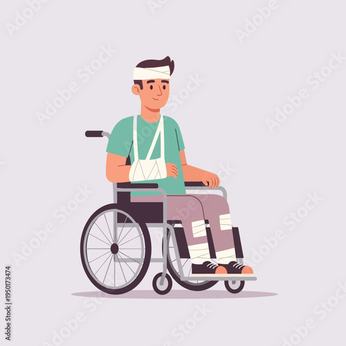 Injured man in wheelchair with bandages and arm sling, recovering from accident
