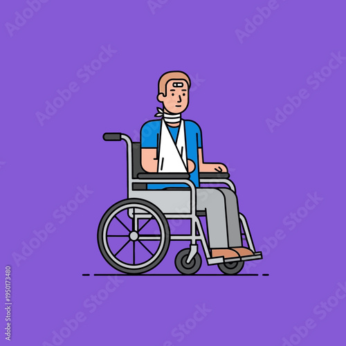 Injured man in wheelchair with arm sling and head bandage, recovery concept