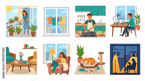 Vector illustrations of daily home life activities, depicting people engaged in common indoor tasks and relaxation. A versatile graphic asset for domestic scenes