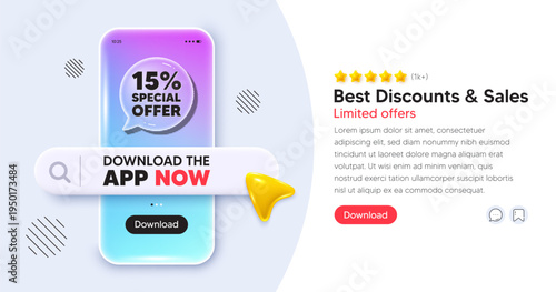 Discount mobile phone banner. App chat speech bubble. 15 percent discount offer tag. Sale price promo sign. Special offer symbol. Phone template with search bar. Download the app now. Vector
