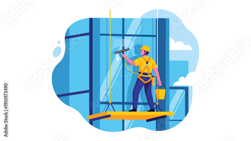High-Rise Window Washer: A skilled window cleaner meticulously works high above the ground, suspended by ropes, diligently cleaning a towering glass facade with impressive precision.