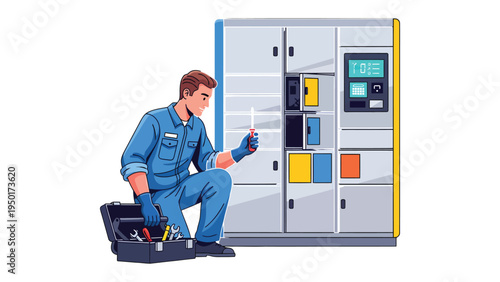 Electrician at Work: A skilled electrician diligently assesses the inner workings of an electrical panel. His tools are laid out neatly, as he concentrates on resolving an issue. 