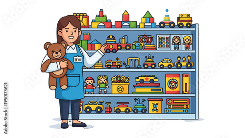 Toy Store Display: A friendly shopkeeper presents a colorful array of toys on shelves, offering a cheerful atmosphere for children and adults.