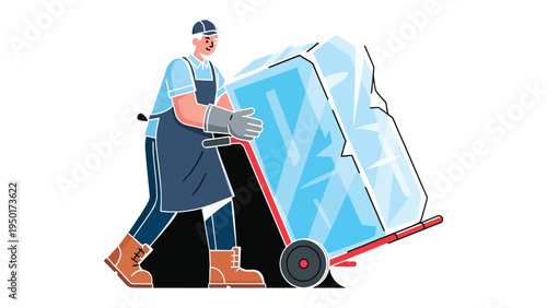 Ice Delivery: A worker is diligently transporting a massive ice block on a hand truck, a testament to hard work and the efficient delivery process.