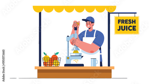 Fresh Juice Stand: A cheerful vendor expertly squeezes fresh oranges, crafting a refreshing juice, under a sunny awning, with a bright Fresh Juice sign. 