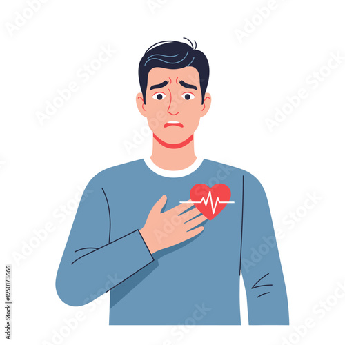 Man clutching chest in pain with heart symbol and EKG line, concept of heart attack or chest pain