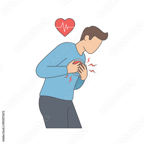 Man clutching chest in pain with heart symbol and EKG line, heart attack symptom