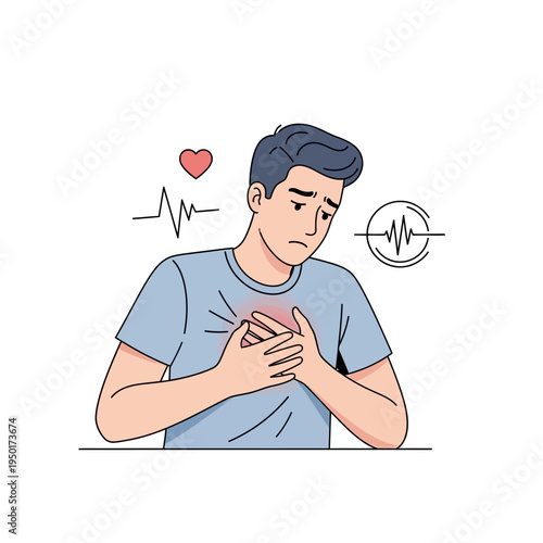 Man clutching chest in pain with heart symbol and EKG line, concept of heart attack