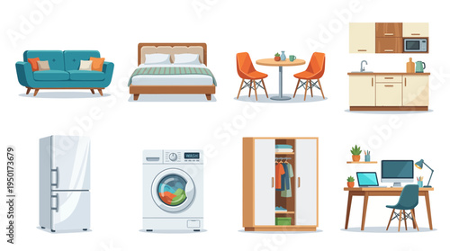 Vector graphic set of modern household furniture and essential appliances. Perfect for interior design, reflecting comfort, utility, and style for diverse domestic environments