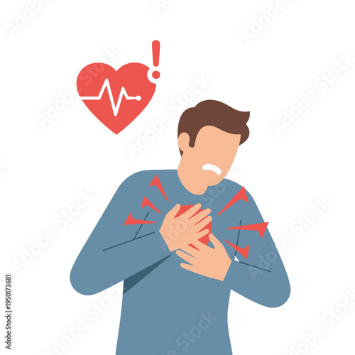 Man clutching chest in pain with heart symbol and EKG line, heart attack symptom
