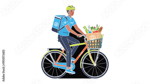 Food Delivery Cyclist: A dedicated cyclist, embodying the spirit of convenience, pedals along, their bicycle laden with fresh groceries, signifying the seamless link between the market and doorstep.