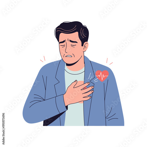 Man clutching chest in pain with heart symbol and EKG line
