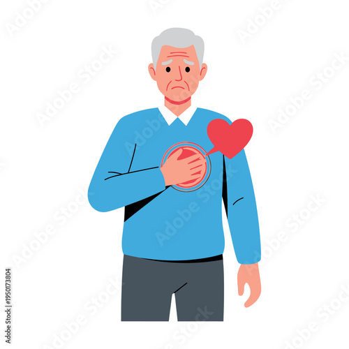 Elderly man with heart pain, chest discomfort, and health issues