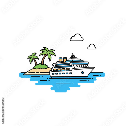 Cruise Ship Near Tropical Island Line Art