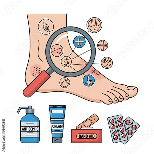 Foot problems diagnosis with magnifying glass, antiseptic, cream, band aid, pills