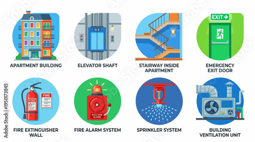 Vector icons depicting building safety systems fire protection, emergency exits, elevators, stairs, ventilation for modern property design